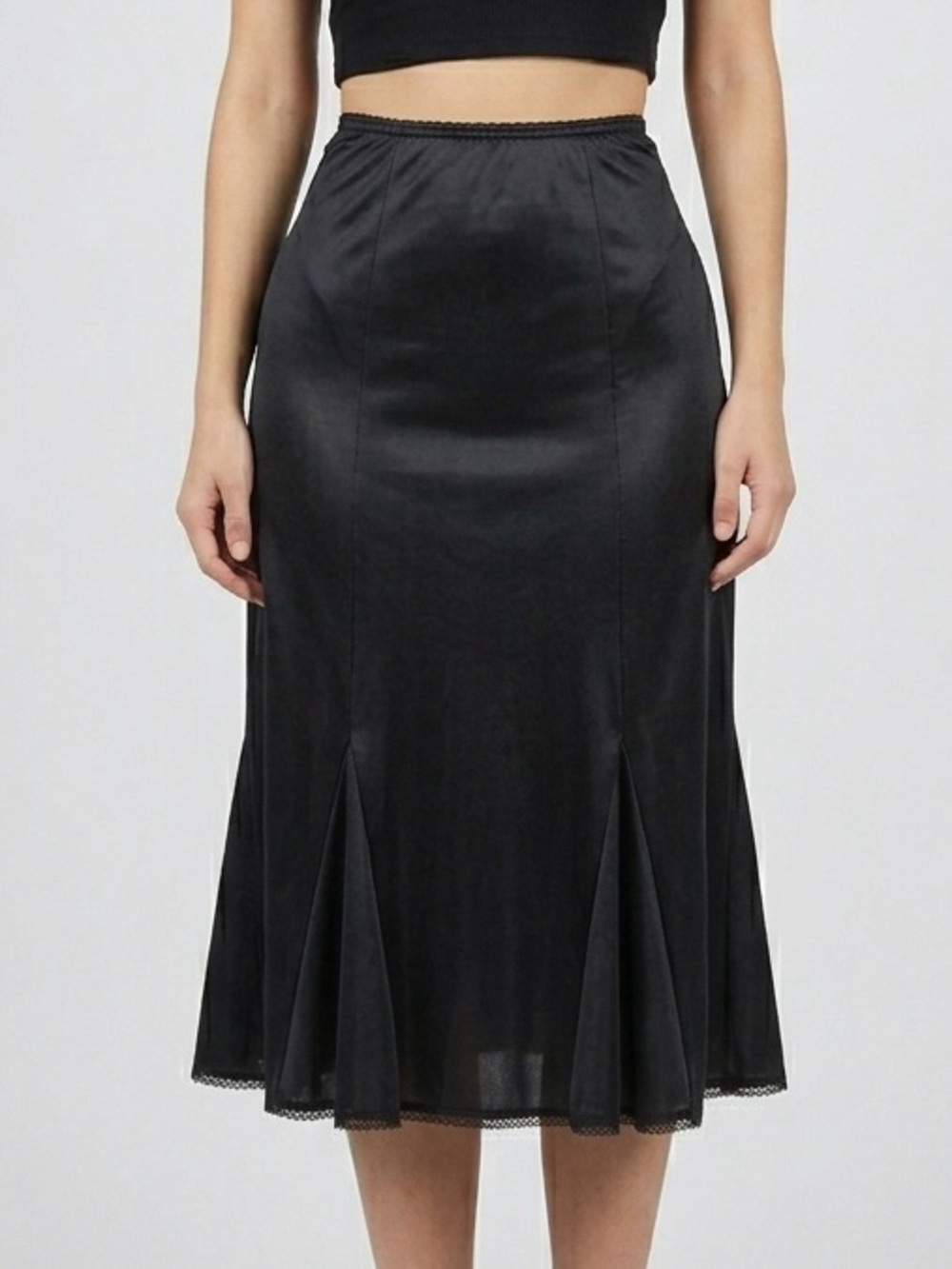 Vintage 90s APA Creations Black Flared Midi Slip Skirt Lace Trim Womens Size M